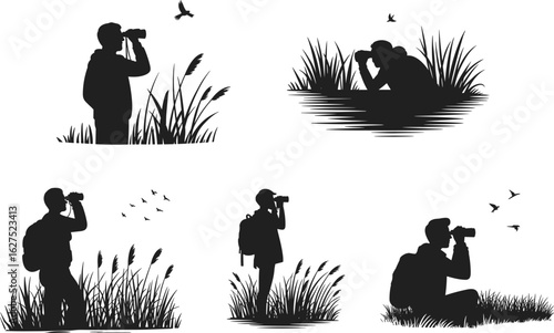 Bird watchers observing birds in wild grassland, silhouette nature scene, vector design for wildlife exploration, outdoor adventure hobby artwork
