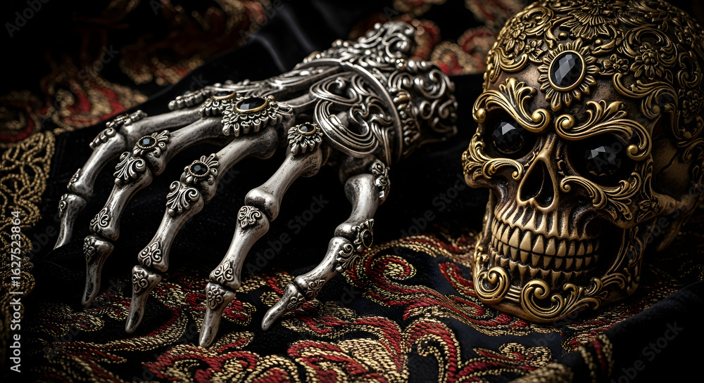 Fototapeta premium Gothic Silver Skull and Hand Jewelry with Dark Elegant Decor