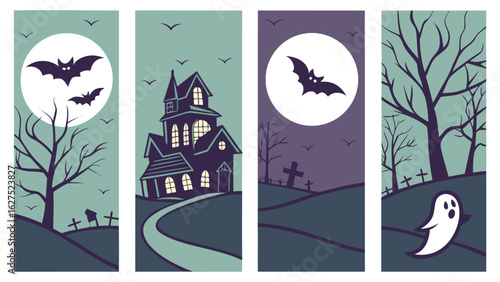 Four vertical panels depict a spooky halloween scene with a haunted house bats a ghost bare trees and gravestones under a full moon and twilight sky