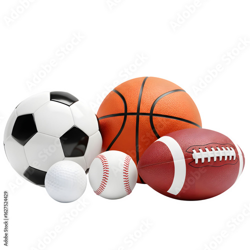 Collection of various sports balls on a white backdrop