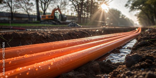 Trenching for Installing Fiber Optic Cables in the Bright Morning Sunlight and Light