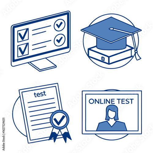 E-Learning Success with Digital Badges and Graduation Cap Icons in Educational Graphic Design