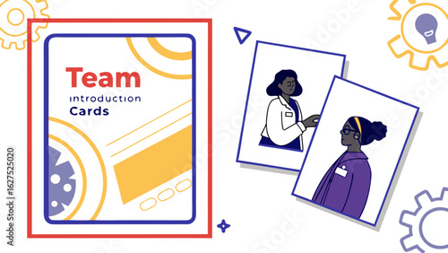 Team introduction cards featuring diverse professionals in a modern playful design with gears and lightbulb motifs