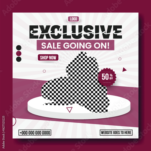Exclusive sale going on for stylish burgundy and white athletic shoes displayed on pedestal