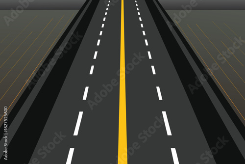 Straight asphalt highway with yellow center line and white dashed lane markers leading into the distance