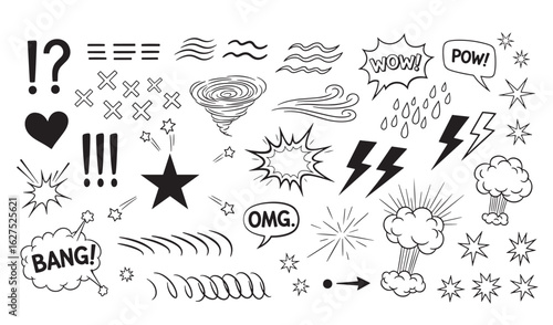 Hand drawn comic book elements and effects isolated on white background design