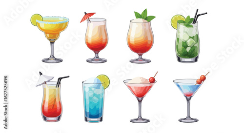 Colorful cocktails illustrations variety of drinks with garnishes isolated on white background