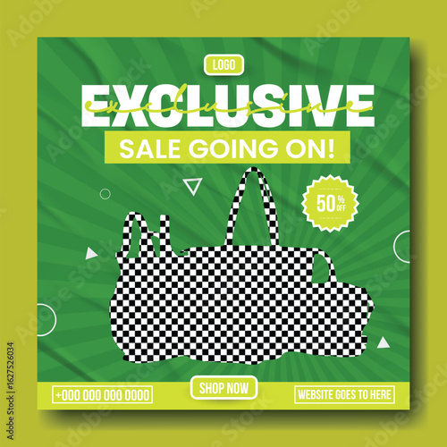 Exclusive sale going on featuring three stylish handbags on a green textured background