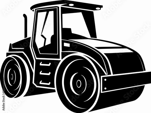 Road Roller Construction Vehicle Black and White Silhouette