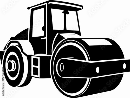 Road Roller Construction Vehicle Black and White Silhouette