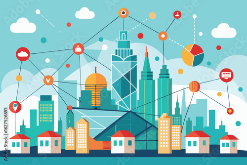 Connected smart city network with futuristic buildings and residential houses illustrating iot technology and global communication