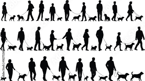 People walking dogs, dog walking silhouettes, pet owners on leash walk, family dog strolls, outdoor activity, flat vector illustration