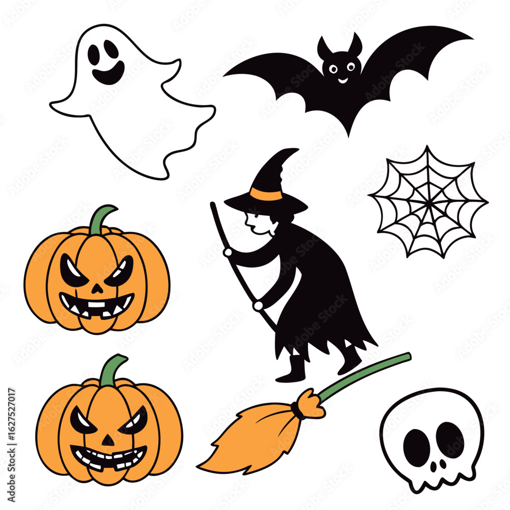 Obraz premium A collection of classic halloween icons including a ghost bat witch pumpkins spider web broom and skull perfect for festive decorations and designs