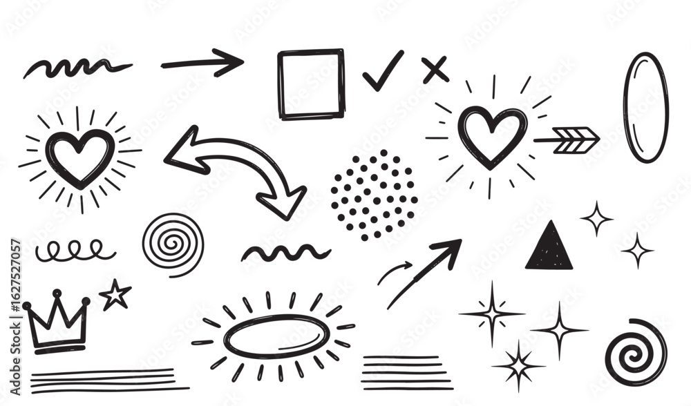 Fototapeta premium Hand drawn doodles of arrows hearts crowns and other elements on white background.