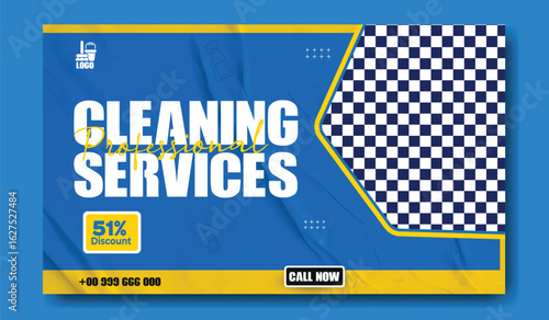 Professional cleaning services advertisement with man and cleaning supplies