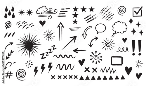 Hand drawn vector collection of diverse sketched elements for graphic design and illustrations