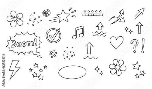 Hand-drawn set of cute doodle icons and symbols in simple black and white designs