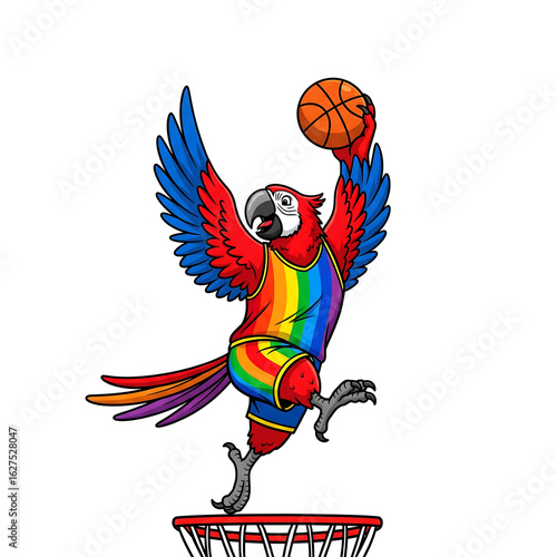 Colorful parrot in rainbow jersey playing basketball and dunking, isolated on white background