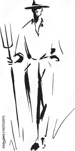 One-line drawing of a farmer with a pitchfork