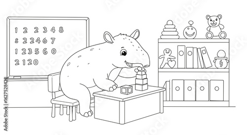 Playful tapir character stacking blocks at a classroom table, black and white illustration for coloring
