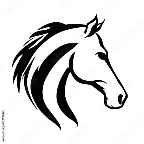 A simple black silhouette of a wild horse head with a flowing mane, ideal for a logo or tattoo design