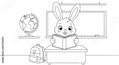 Cheerful bunny character reading a book at a classroom desk, black and white illustration for coloring
