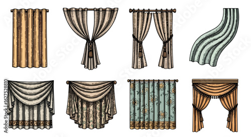 Curtain illustrations vector set various designs and styles isolated on white