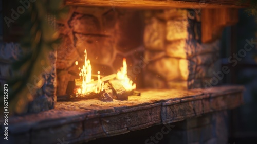 A warm fireplace with burning wood and stone surround creating a cozy and inviting atmosphere indoors