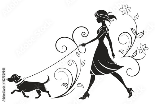 Stylish Woman Walking a Dog Silhouette Vector,Woman walking dog on leash in silhouette,Silhouette of a Stylish Woman Walking Her Dog, woman walking a dog on a leash representing companionship,Ai