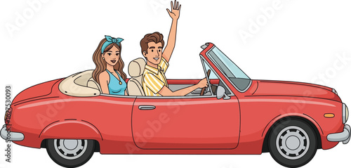 Young stylish couple enjoying a fun road trip in a red convertible car