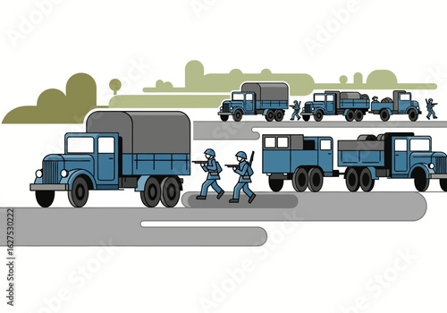 Vector illustration of a military convoy featuring armed soldiers and transport trucks moving along a road.