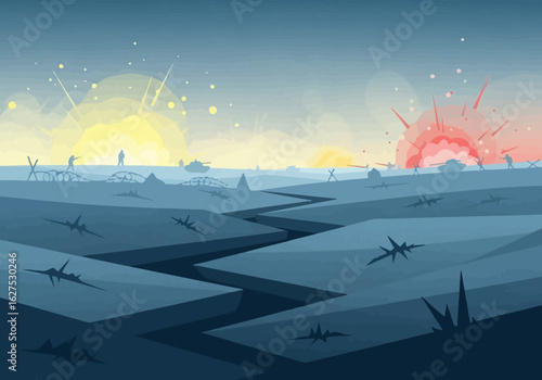 A stylized vector illustration of a desolate battlefield during a historic conflict, showing explosions and silhouettes of soldiers in a no man's land.