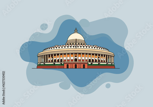 Stylized vector illustration of the Indian Parliament House, Sansad Bhavan. A historic landmark and symbol of democracy in New Delhi, India.