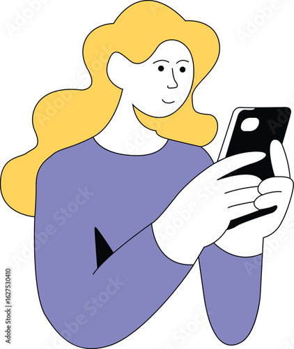 Woman with blonde hair looking at her smartphone .browsing in social media. Business doodle concept. Vector illustration
