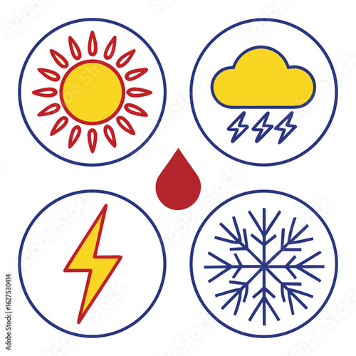 Set of Weather Icons with Sun Cloud Rain and Lightning