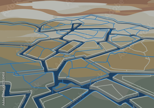 A vector illustration of a parched, cracked earth landscape with water flowing through fissures, depicting a concept of drought and environmental issues.