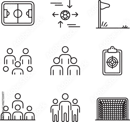 Football Strategy & Play Icons Tactic Board, Passing Arrows, Coach Clipboard, Player Positions, Corner Kick