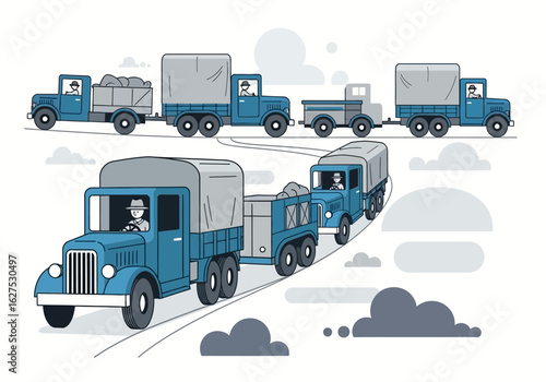Vintage truck convoy illustration with cargo and trailers on a winding road. Retro transport and logistics vector graphic.