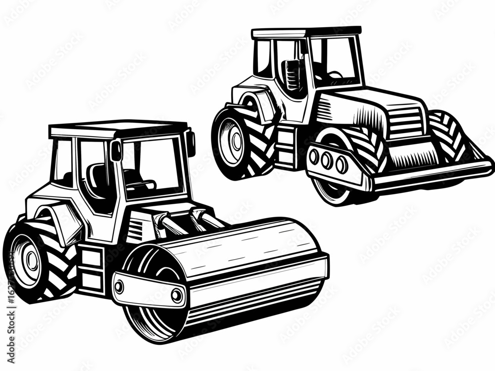 Naklejka premium Road Roller Construction Vehicles Black and White Silhouettes