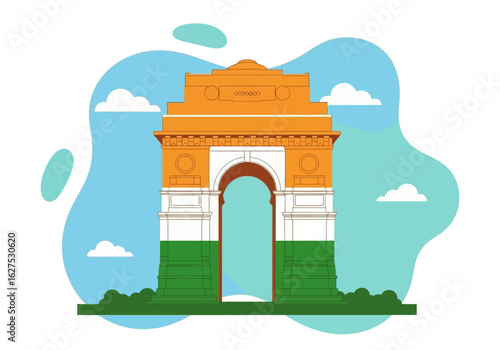 Vector illustration of the India Gate monument in New Delhi, decorated with the tricolor of the Indian flag for a national holiday celebration