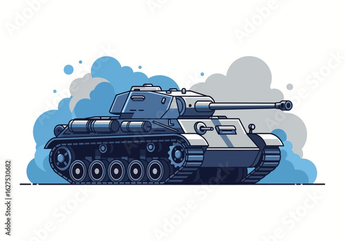 Military battle tank vector illustration. Armored fighting vehicle on a white background with smoke. Flat design graphic icon.