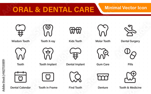 Oral and Dental care icon set. Containing tooth, dentist, toothpaste, toothbrush, teeth, implant and dentistry icons. Solid icon collection.