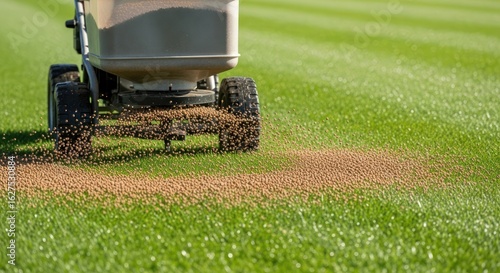 A lawn spreader applying granular fertilizer to a lush green lawn promoting sustainable lawn care and a healthy environment