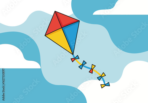 A colorful diamond kite soars high in a blue sky with stylized clouds. A vector illustration of a summer hobby and childhood freedom.