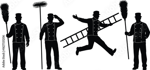 Chimney sweeps silhouette, traditional uniforms, cleaning tools, ladder pose, black and white illustration, vintage service job, historical occupation concept