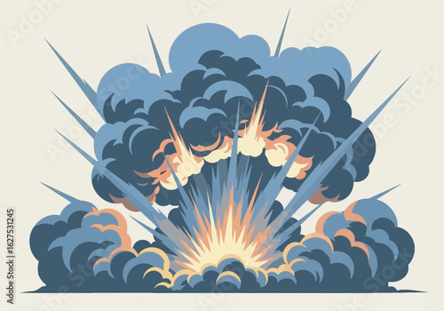 A stylized graphic illustration of a large explosion with billowing blue smoke and bright flashes of fire.