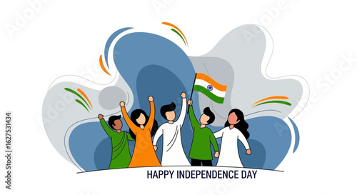 A group of diverse young people celebrating India's Independence Day, cheering and waving the national flag.