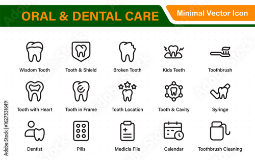 Oral and Dental care icon set. Containing tooth, dentist, toothpaste, toothbrush, teeth, implant and dentistry icons. Solid icon collection.