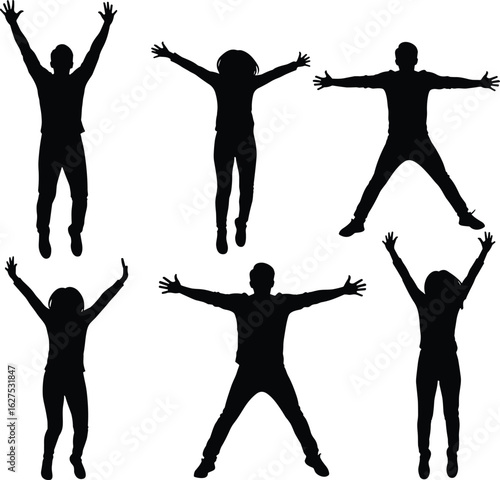 Silhouettes of six energetic people jumping, raised arms, black figures isolated on white background, joyful movement, group celebration, active lifestyle