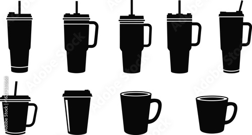 Stylish black and white silhouette coffee cups, travel mugs, reusable drinkware with handles, straws, lids, portable beverage containers, daily essentials